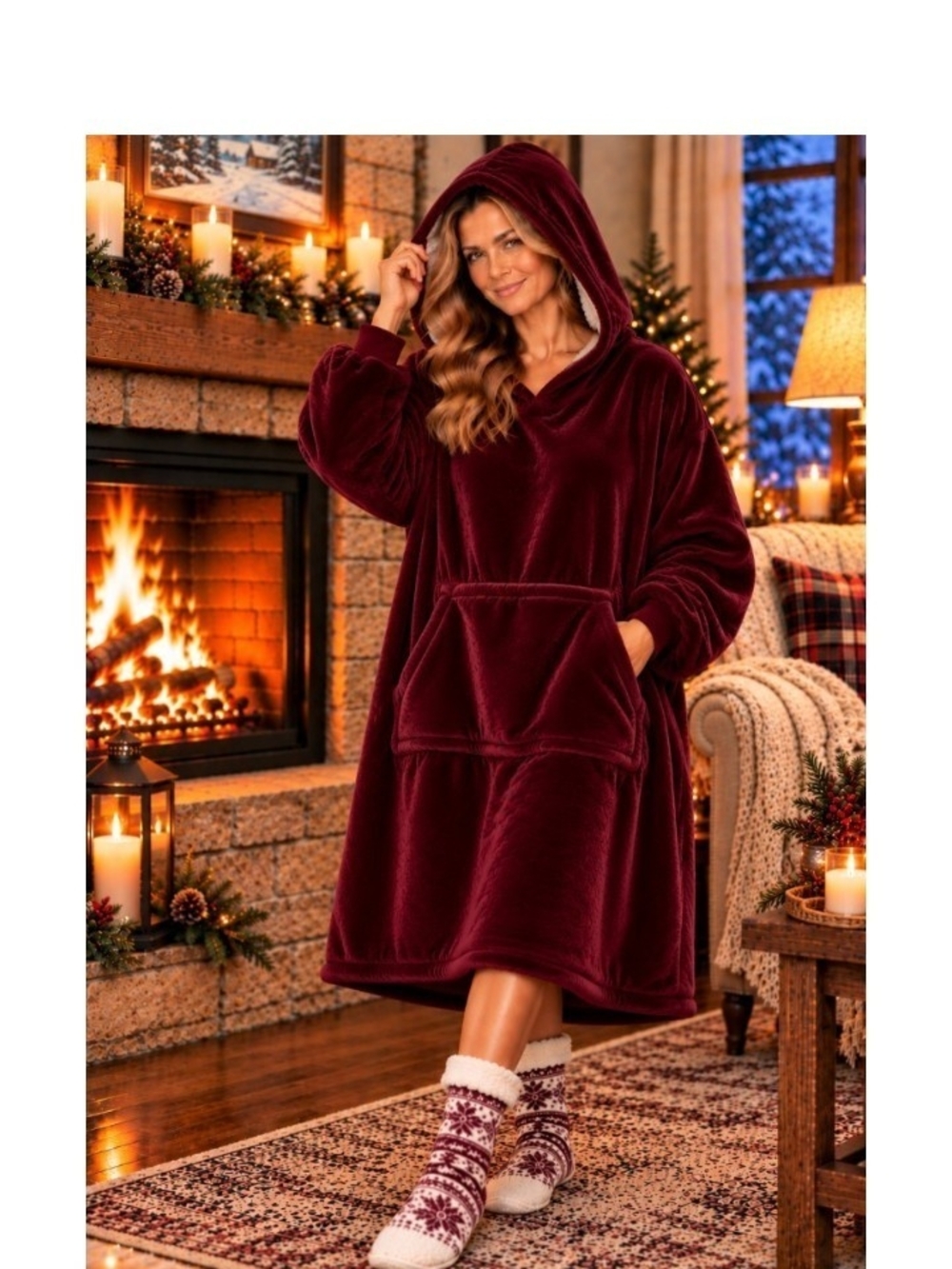 Plush Oversized Hooded Wearable Blanket - Burgundy